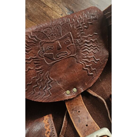 1990's Vintage Mexican Tooled Leather Suede Backpack Folk Artisan Embossed Bag - Picture 4 of 12